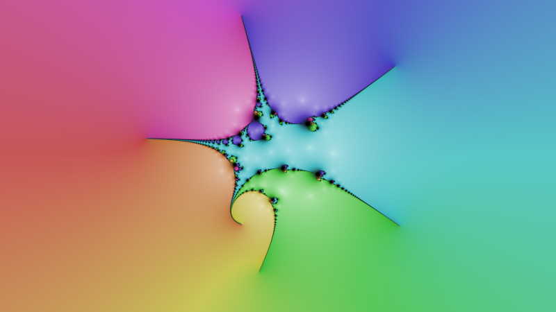 Frattale ottenuto iterando la funzione f(z) = z + (z + c) / (z^5 + c) ispirato ai frattali di Newton in cui è possibile riconoscere la dipendenza della tonalità dalla fase.